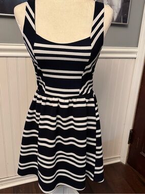 Charlotte Russe Navy White Striped Fit Flare Sleeveless Dress Heart Cutout Sz M